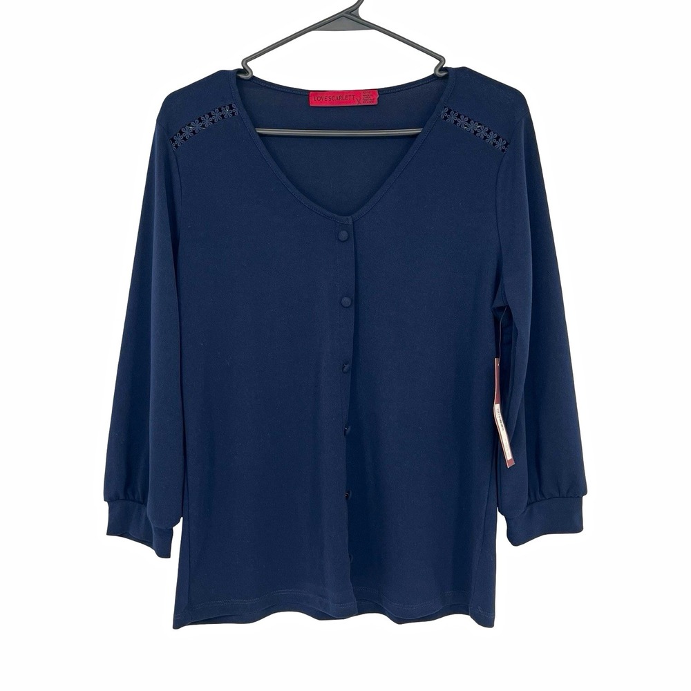 Love Scarlett Women's M Navy Blue Button Front Blouse 3/4 Sleeve Lace Detail NWT